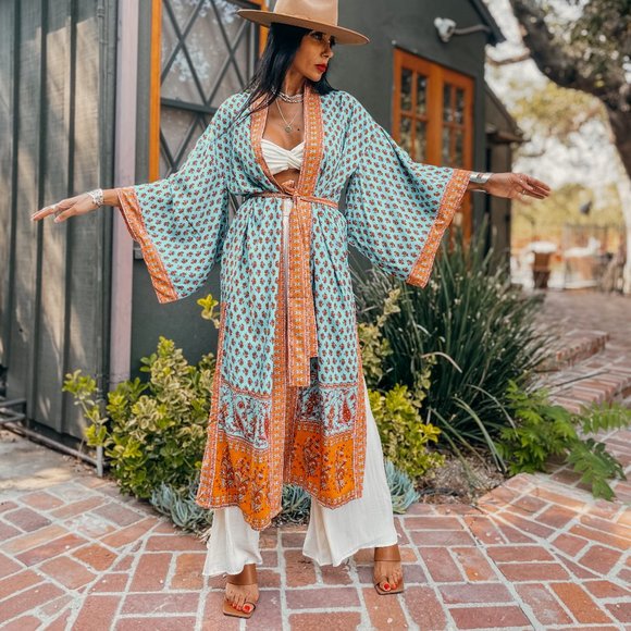 Boho Paisley Bohemian Romantic Turquoise Kimono - Picture 8 of 10